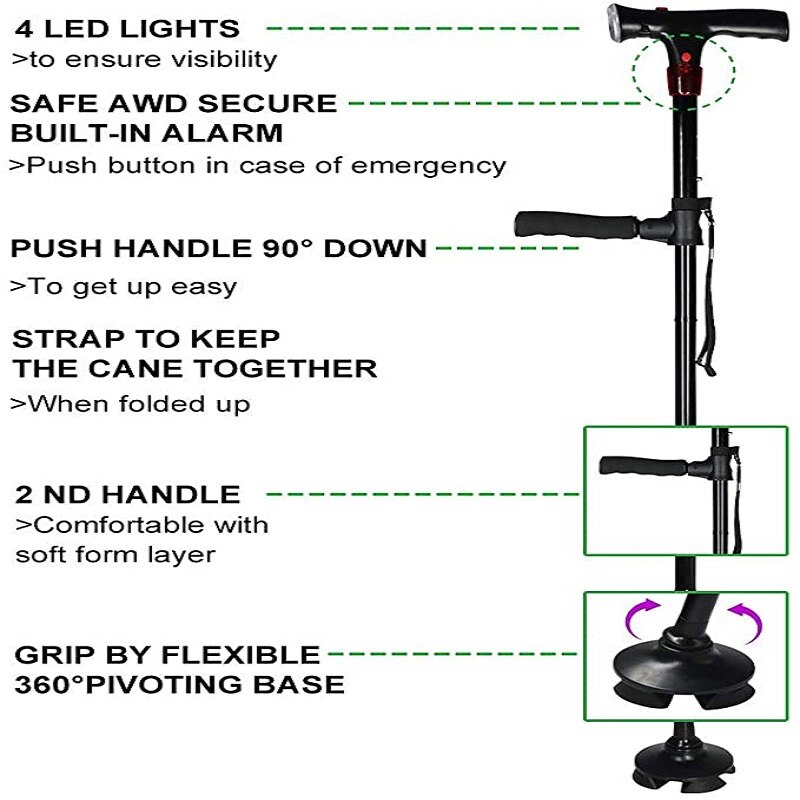 movable adjustable foldable walking cane Smart cane with LED light