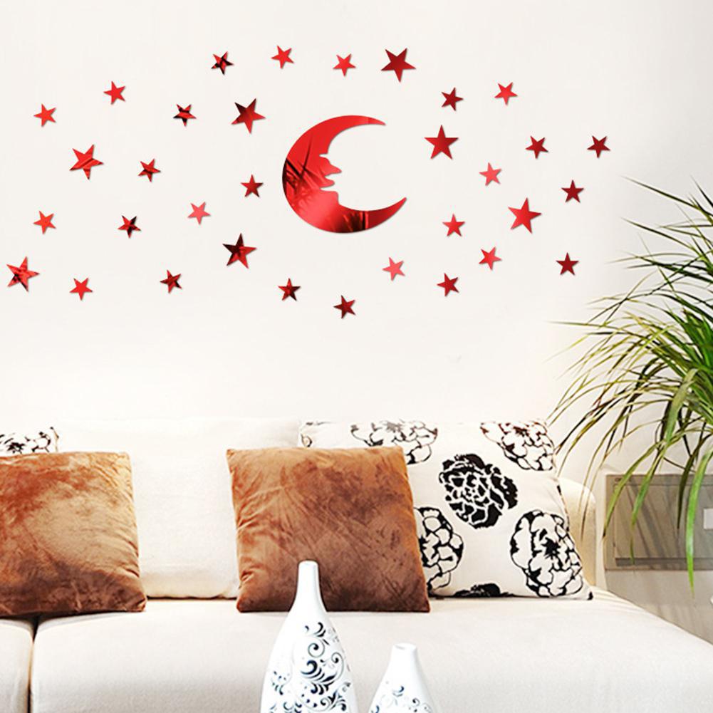 39Pcs/Set Mirror Wall Stickers with Moon Star Pattern Decor for House Children Kids Bedroom Living Room: Red