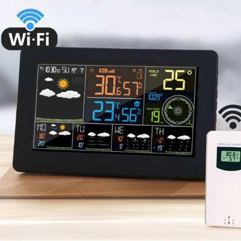Färg wifi väderstation vädermonitor inomhus och utomhus temperatur luftfuktighet tryck vindhastighet