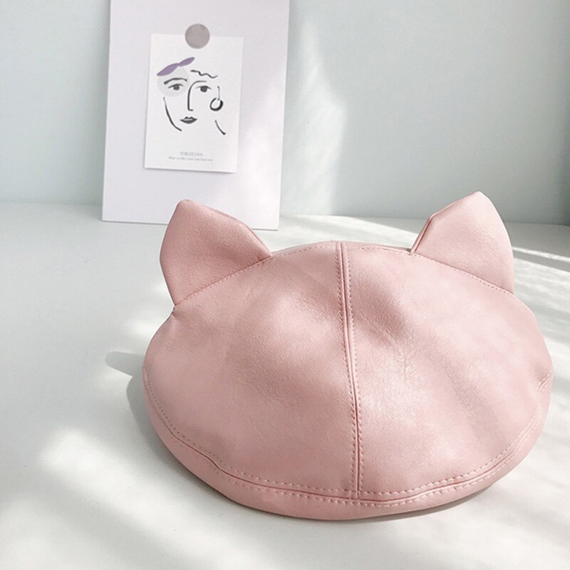 ¡Novedad de ! boina bonita femenina de lana con orejas de gato de cuero PU, gorro de pintor a la adecuado para chica dulce BLM32: Rosa