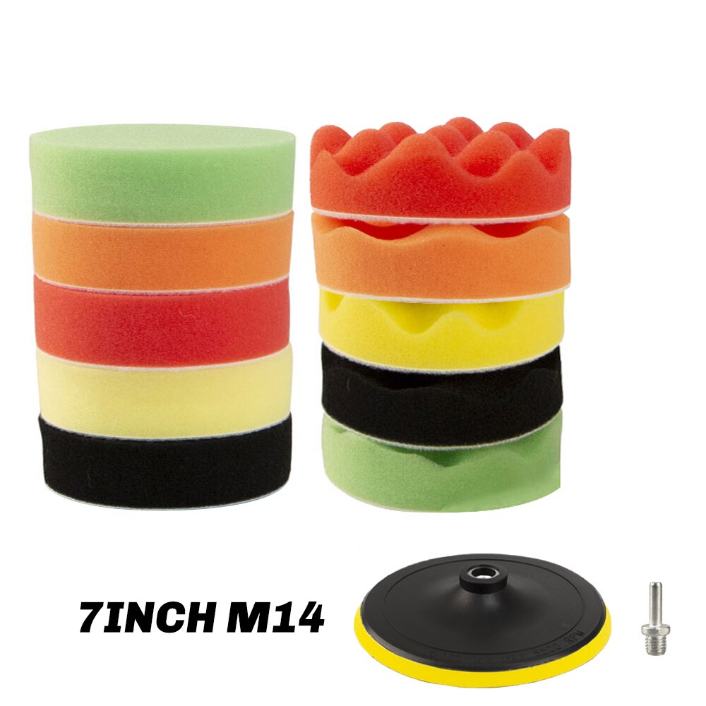 Almohadillas de pulido para coche, Kit de almohadillas de esponja para pulir, adaptador de taladro, herramientas eléctricas, accesorios para automóviles, M10, M14, 16 Uds.: 7INCH KIT M14