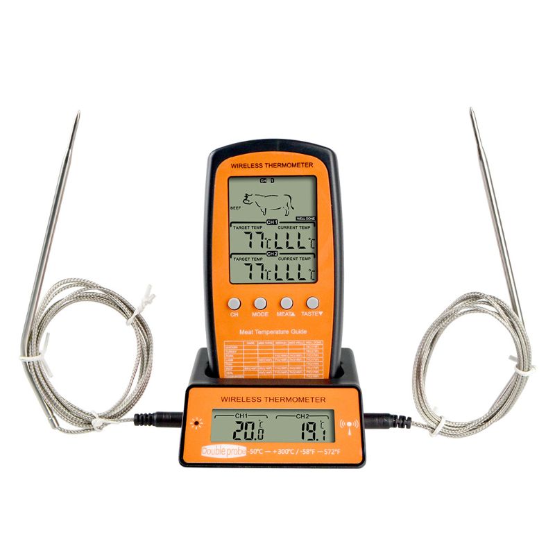 Digitale BBQ Thermometer kabellos Küche Ofen Lebensmittel Kochen Grill Raucher Fleisch Thermometer mit Sonde und Timer Temperatur Alarm: Orange