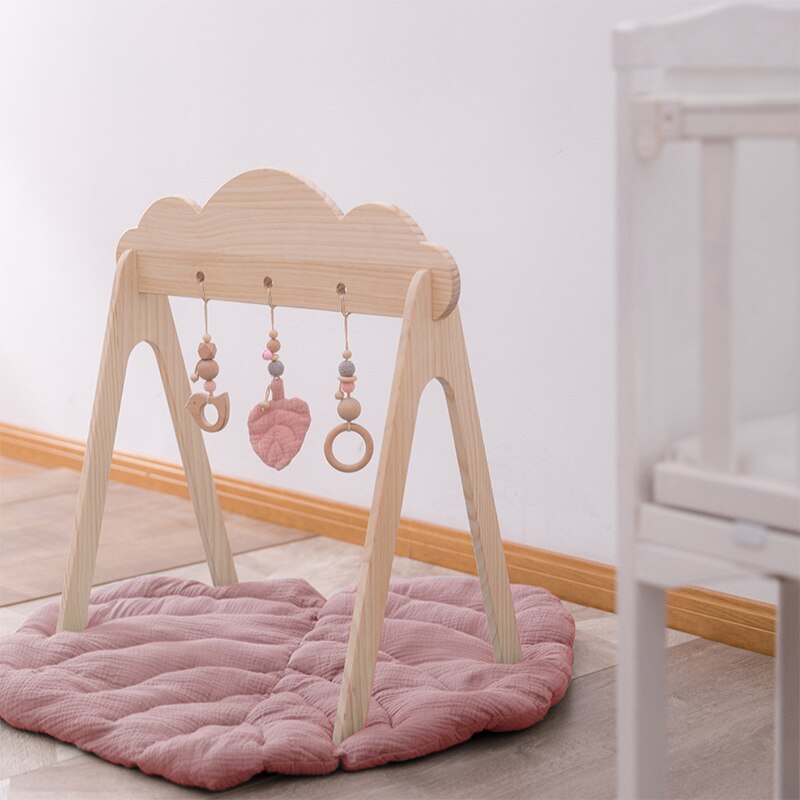 Baby trä bitring gym leksaker bomull blad matta naturligt trä gnagare barnvagn kedja hängande baby leksak mobil sänghållare: 3pc set-rosa