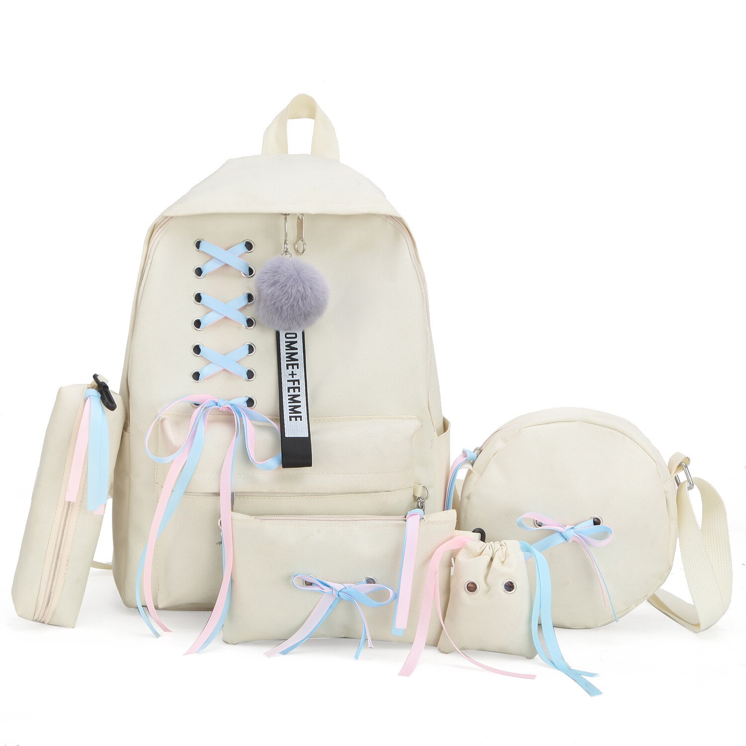5 Stks/set Schooltas Voor Tiener Effen Rugzak Schooltas Vrouwen Student Zak Kant Boog Bundel Rugzak: white-16 inch
