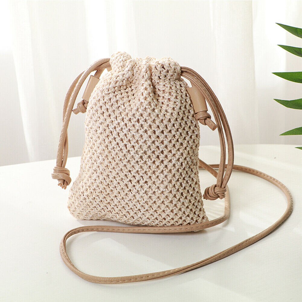 Women Girl Rattan Wicker Handbag Beach Crossbody Drawstring Bags Casual Bohemian Straw Woven Bag: Beige