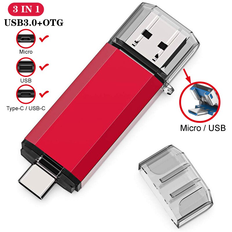 USB Flash Drive 3 IN 1 USB3.0 &amp; Type C OTG Pen Drive 32GB 64GB 128GB 256GB 512GB High Speed USB Stick Pendrives: 64GB / Red