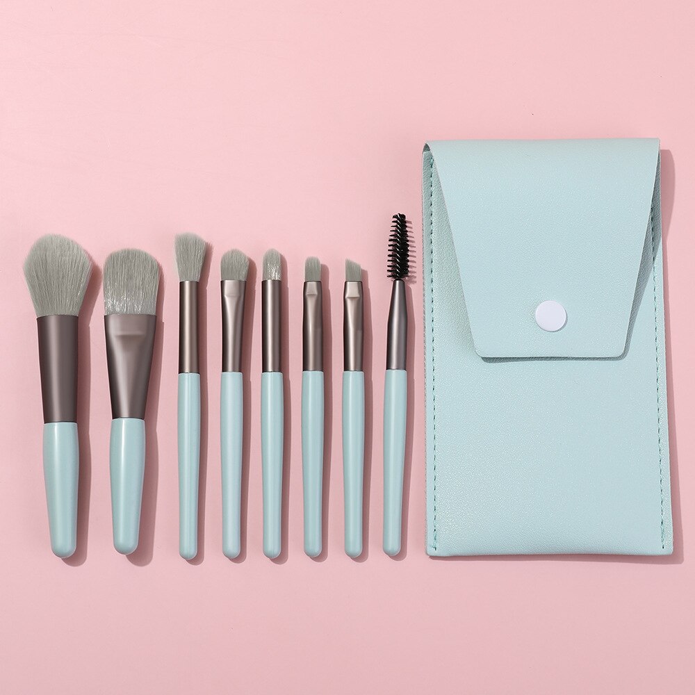 FJER-Mini brochas de maquillaje de viaje, 8 piezas, portátil, corrector suave, herramienta de sombra de ojos, base de belleza, cepillo de rubor para pestañas con bolsa: green with bag