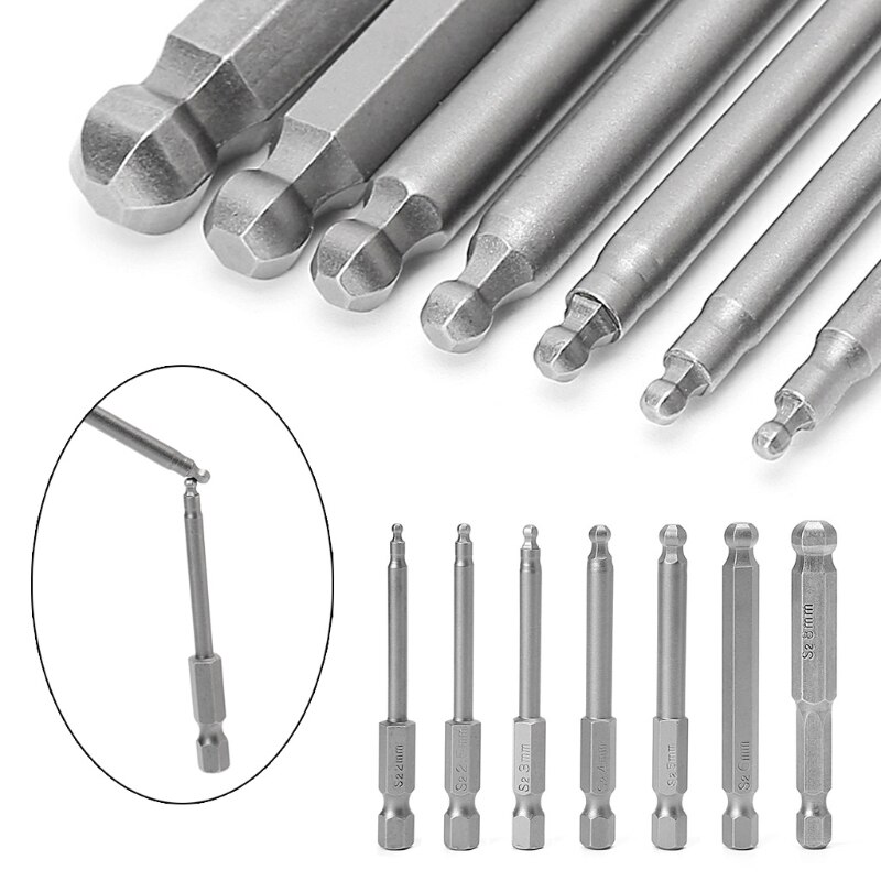 7 Pcs 65mm Magnetic Ball End Hexagon Head Hex Screwdriver Bits Drill Tools 2.5