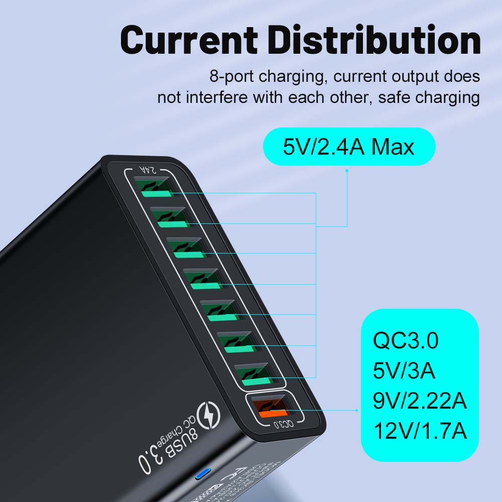 Total 100W 8 Ports charge rapide USB chargeur mural QC3.0 adaptateur de téléphone Portable Portable pour iPhone Huawei Samsung Xiaomi