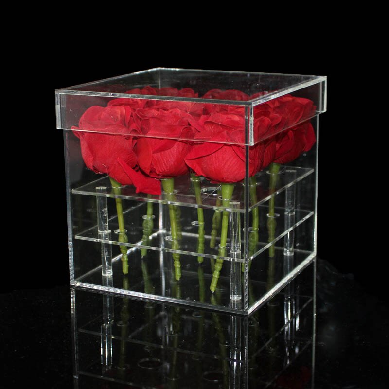Gennemsigtig akryl makeup arrangør boks kosmetisk sag rose blomsterkasse med låg boligindretning blomst arrangør boks
