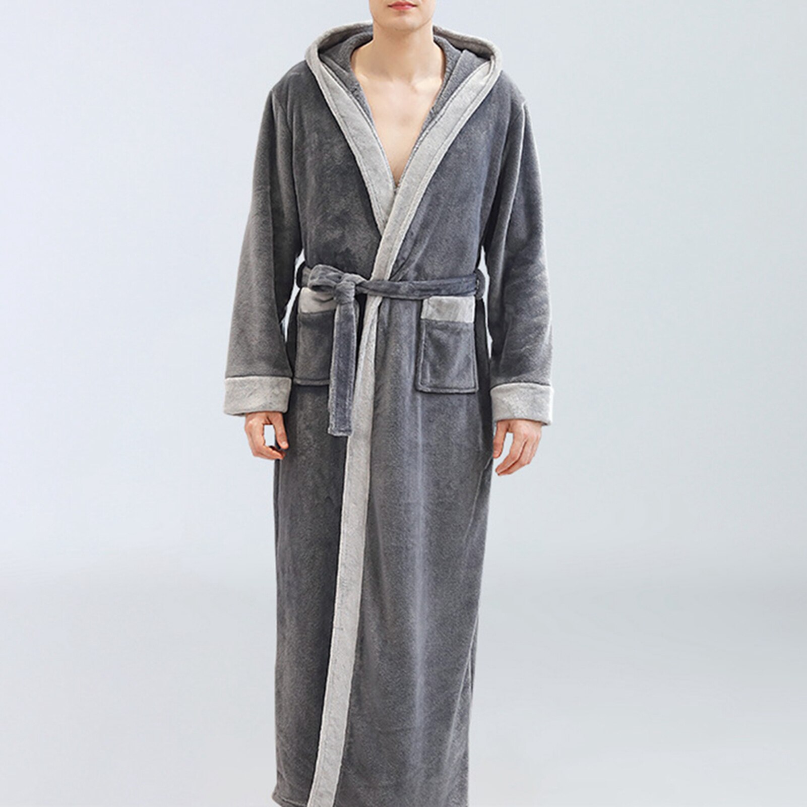 Men Autumn Winter Flannel Long Sleeve Maxi Bathrobe Pockets Hooded Sleepwear