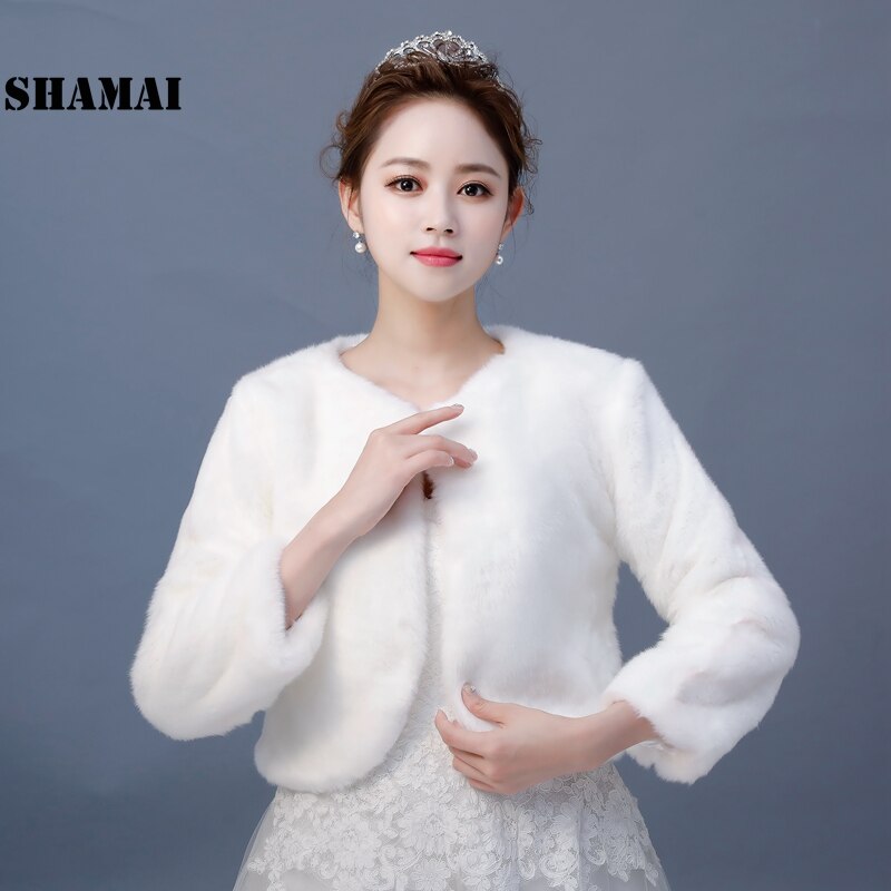 Faux Fur Wedding Jacket 3/4 Sleeves Bridal Coat Fall Winter Warm Bride Bolero In Stock Ivory Wedding Accessoriies