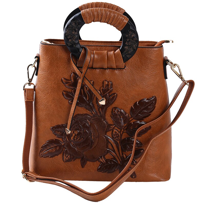 Sac à main rétro à motif de fleurs rouges pour femmes, asymétrique épaule, sacoche en cuir gaufré, sacoche seau, sacoche chinoise,: brown
