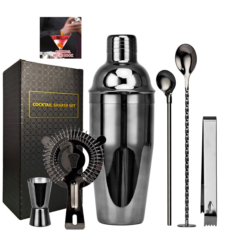Ensemble de Shaker à Cocktail de Boston en or Rose, Kit de barman, pour boissons mixtes, outils de Bar à domicile Martini, pour débutants, 6 pièces: Black-750ML