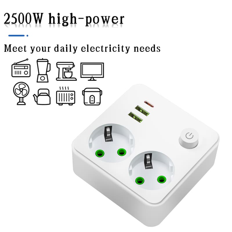 Eu-uttag 2 uttag multitap-vägggrenuttag eluttag utan förlängningssladd med 2 usb 1 typ-c-portar 2500w maxeffekt