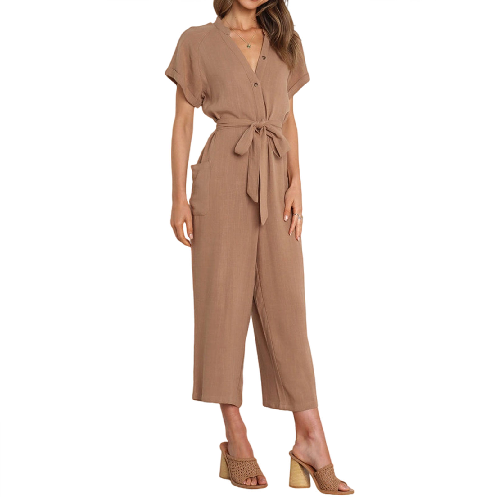 Women's Summer Jumpsuit Short Sleeve V Neck Loose Fit Tie Waist Overall Pants Woman's Costume with Pockets Wide Leg