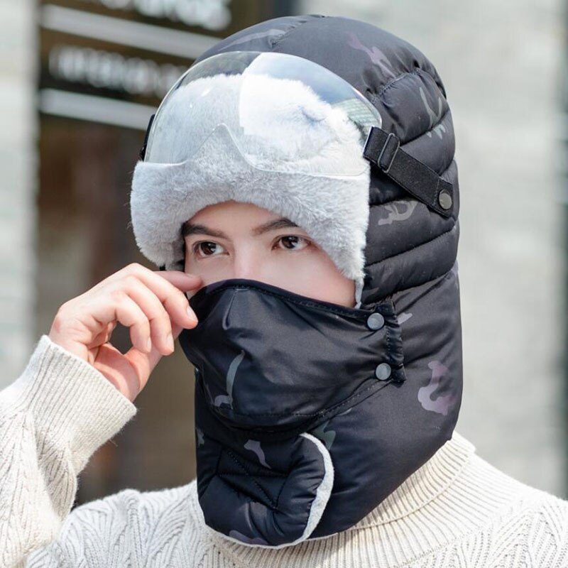 Vrouwen bomber hoed piloten trooper pet heren imitatie kasjmier hoed russische oesjanka oorkleppen petten winter sneeuw ski mutsen: Zwart / Veiligheidsbril