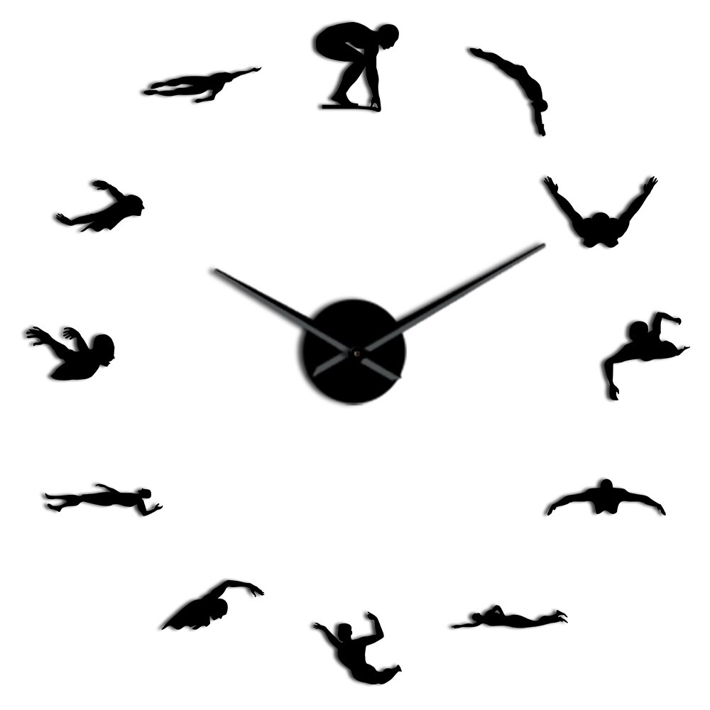 Reloj de pared grande con tema de natación, moderno, bricolaje, con espejo de natación, pegatina, números, arte decorativo para pared de piscina, para nadador: Black / 47 Inch