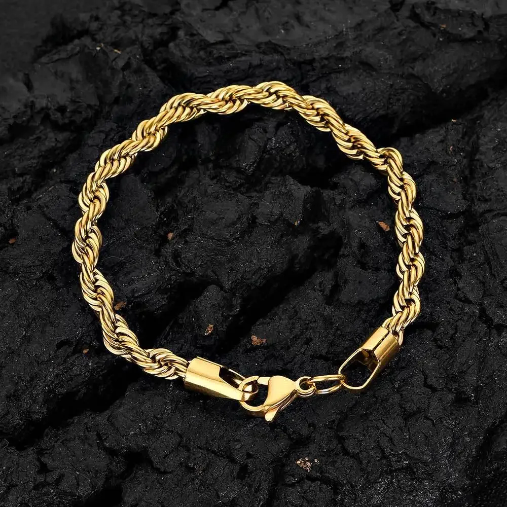 Pulsera de cadena de acero inoxidable de 2-6MM para mujeres y hombres, brazalete de cadena de cuerda trenzada de Color dorado, joyería resistente al agua que nunca se decolora: 17 cm / Verde / Estampado en caliente