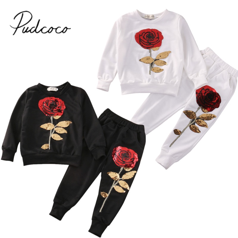 Brand Toddler Infant Kids 2PCS Girls Sequins Rose Outfits Clothes T Shirt+Long Pants Set Tracksuit Casual Set 2-7Y