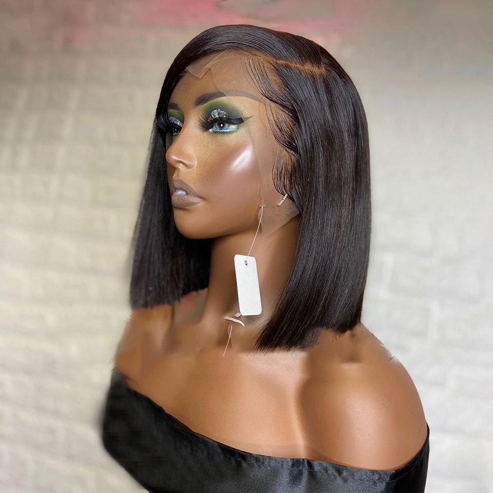 Peluca sintética con malla frontal para mujeres negras, pelo liso y sedoso, Bob corto Natural, con pelo de bebé, correa ajustable prearrancada