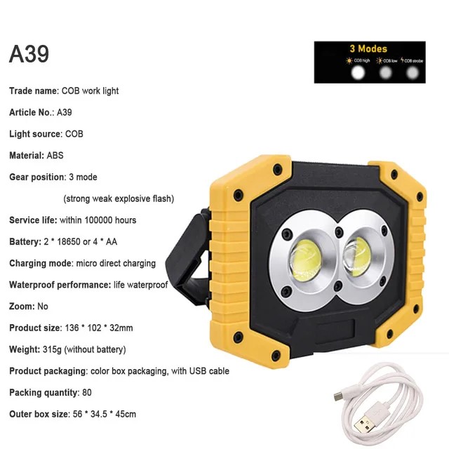 Foco LED COB portátil de 100W, Lámpara de trabajo ultra brillante, recargable por USB al aire libre para acampar, lámpara de emergencia 18650: Rosa / 2,5 W