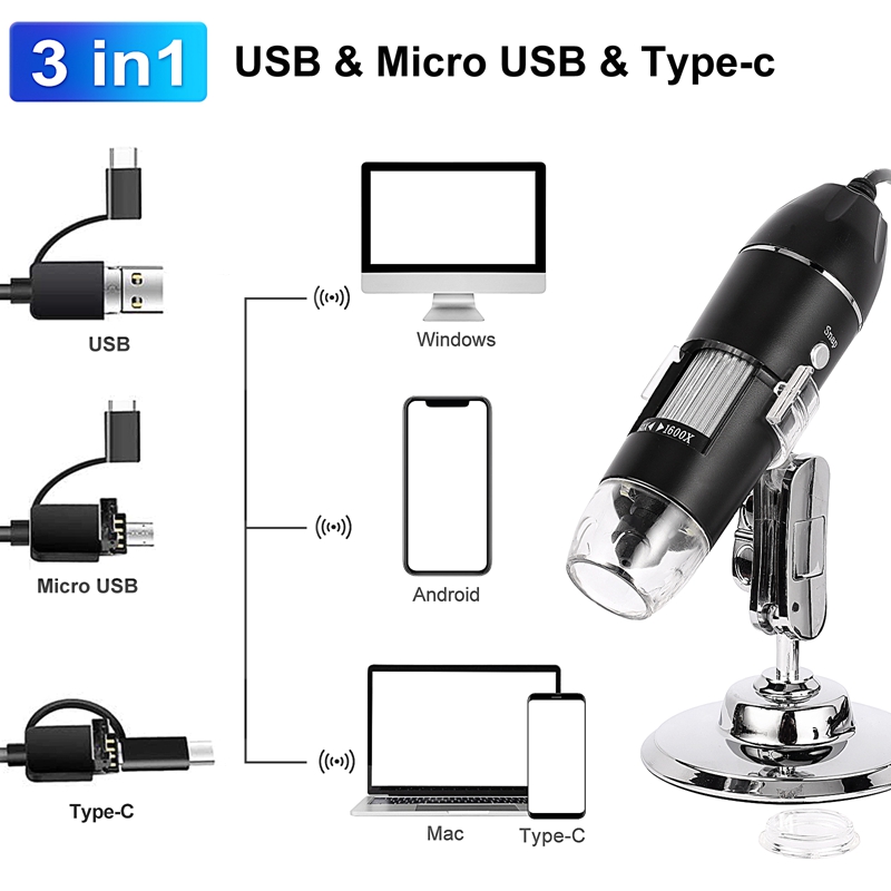 Cámara microscópica Digital 1600X 3 en 1 con soporte microscopio electrónico portátil para soldar lupa LED tipo C USB Android