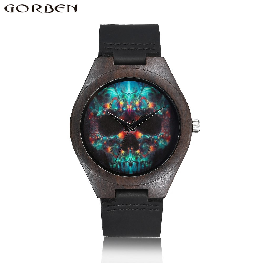 Relojes analógicos de madera para hombre y mujer, Reloj de pulsera de cuarzo con único de calavera, correa de cuero cómoda: W022