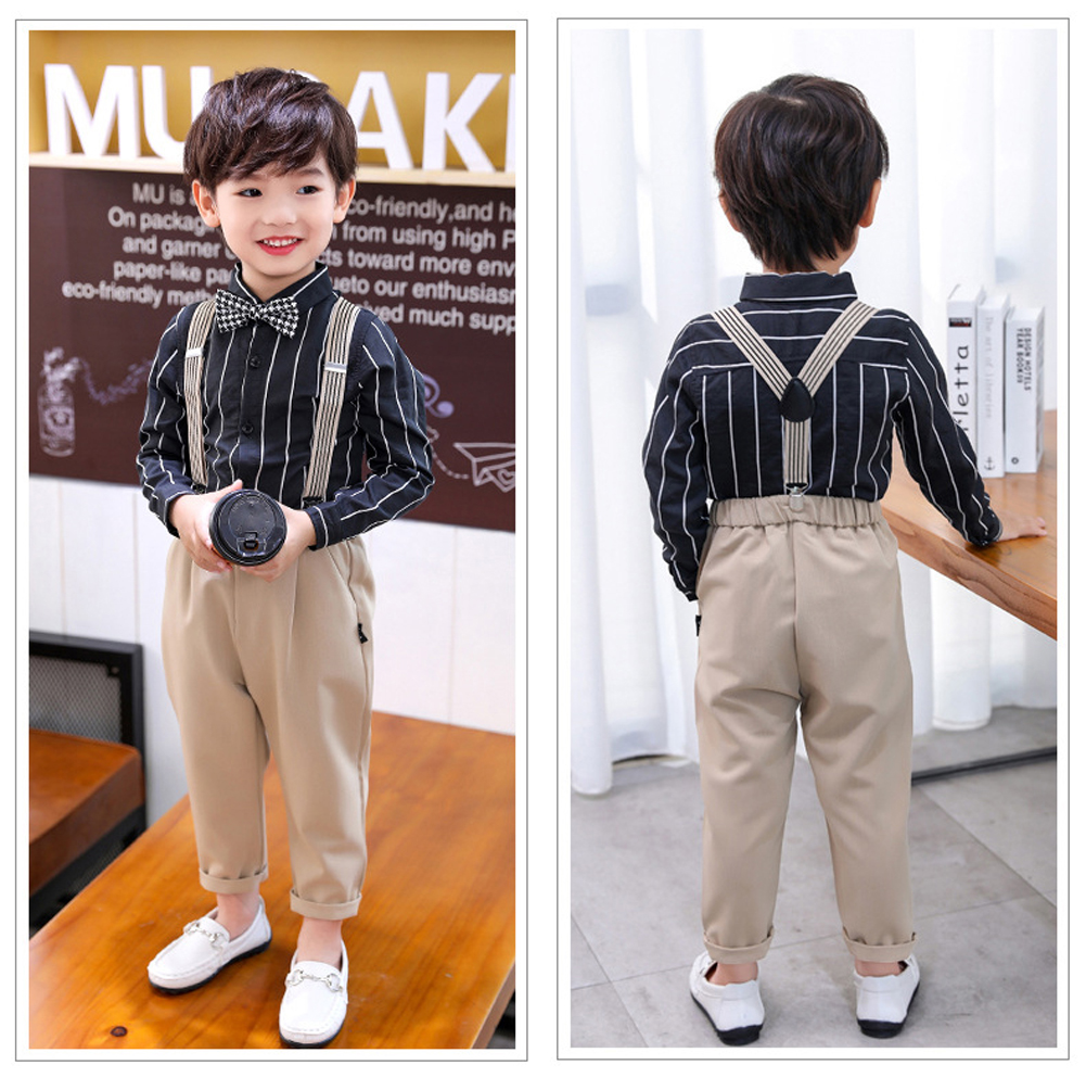 LOLANTA-Conjunto de ropa para niños de 2 a 11 años, camisa de vestir con pajarita + Pantalones de tirantes, para boda, cumpleaños