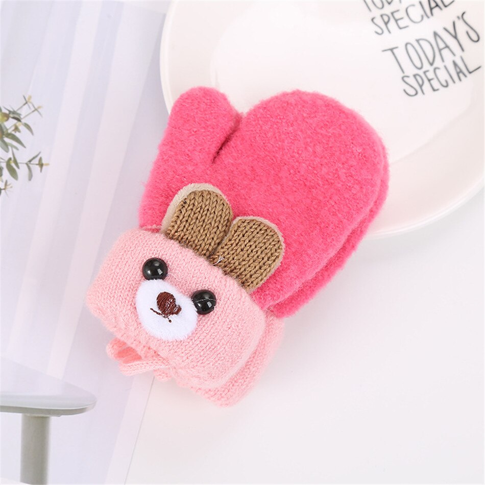 Warmom Cute Ear Bear Cartoon guanti per bambini inverno lavorato a maglia lana doppio strato più velluto guanti caldi spessi guanti per bambini per 0-3Y: Rosso