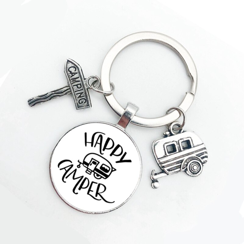 Cute Camper Wagon Keychain, I Love Camping Keychain, Trailer Signpost Keychain, Vacation Travel Memorial