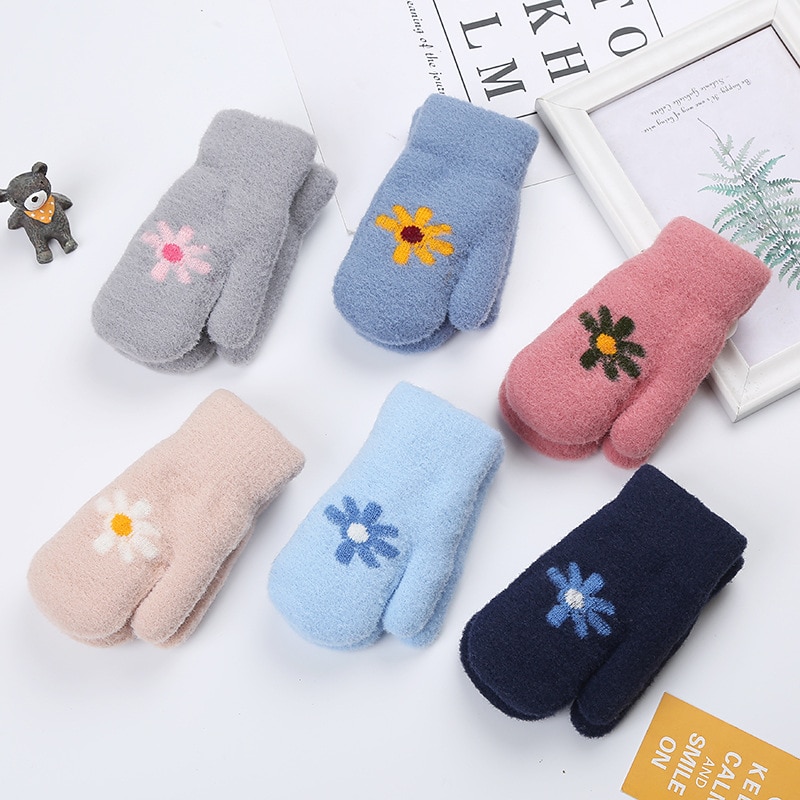 Balleenshiny Winter Warme Wanten Voor Kinderen Aged 0-3 Pluche Gebreide Halter Handschoenen Verdikte Kinderen Warme Outdoor Afdrukken Wanten