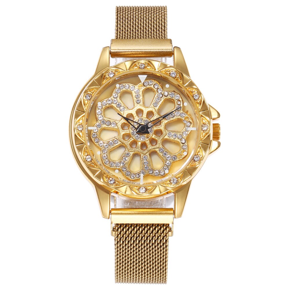 Horloge dames merk luxe 360 graden roterende diamant wijzerplaat horloges mesh magneet dameshorloge quartz klok relogio femino: Goud