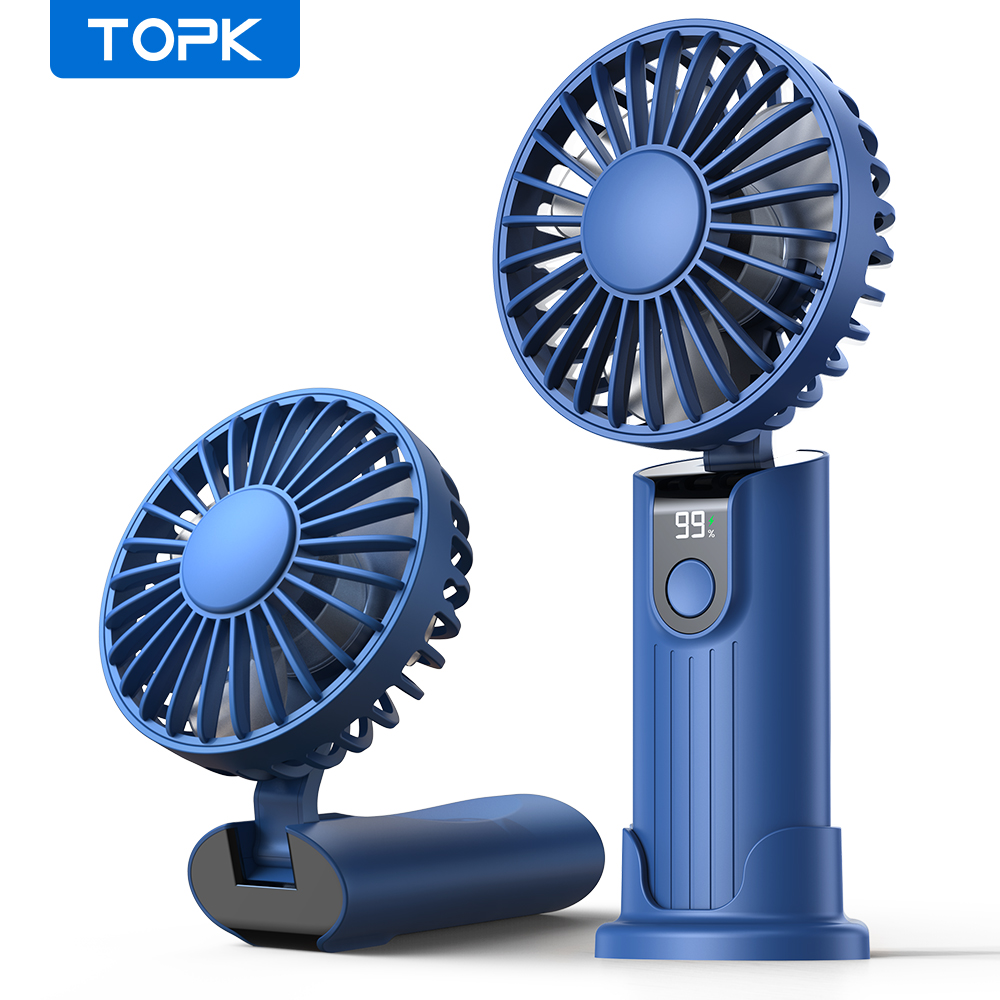 TOPK 5000 mAh tragbarer Mini-Ventilator, wiederaufladbarer USB-Handventilator, kleiner Taschenventilator, 3 Geschwindigkeiten mit Trageband und Basis, faltbarer USB-Schreibtischventilator