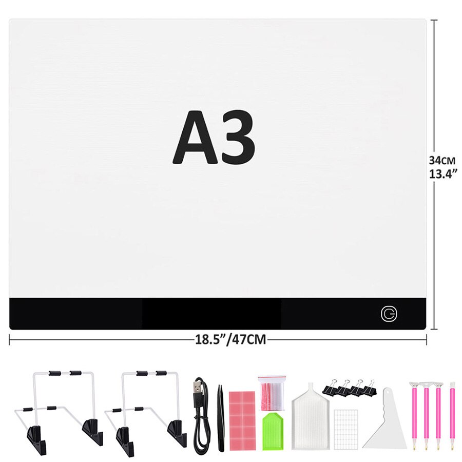 Tablette lumineuse LED A5/A4/A3 pour dessin et peinture diamant, support pour stylo, réglable, alimenté par USB, pour dessiner, tracer, accessoires: A3 Set
