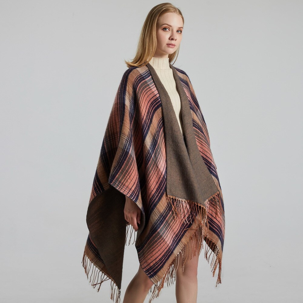 Scottish Classic Color Women Autumn Spring Plaid Shawl Cloak Imitation Cashmere Tassel Thick Warmth Split Shawl Stole Pashmina