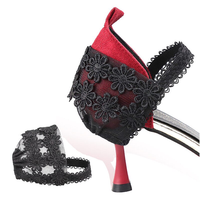 1 Paar Hoge Hakken Schoenen Anti-Druppels Hak Bandjes Non Slip Zwart Kant Elastische Band