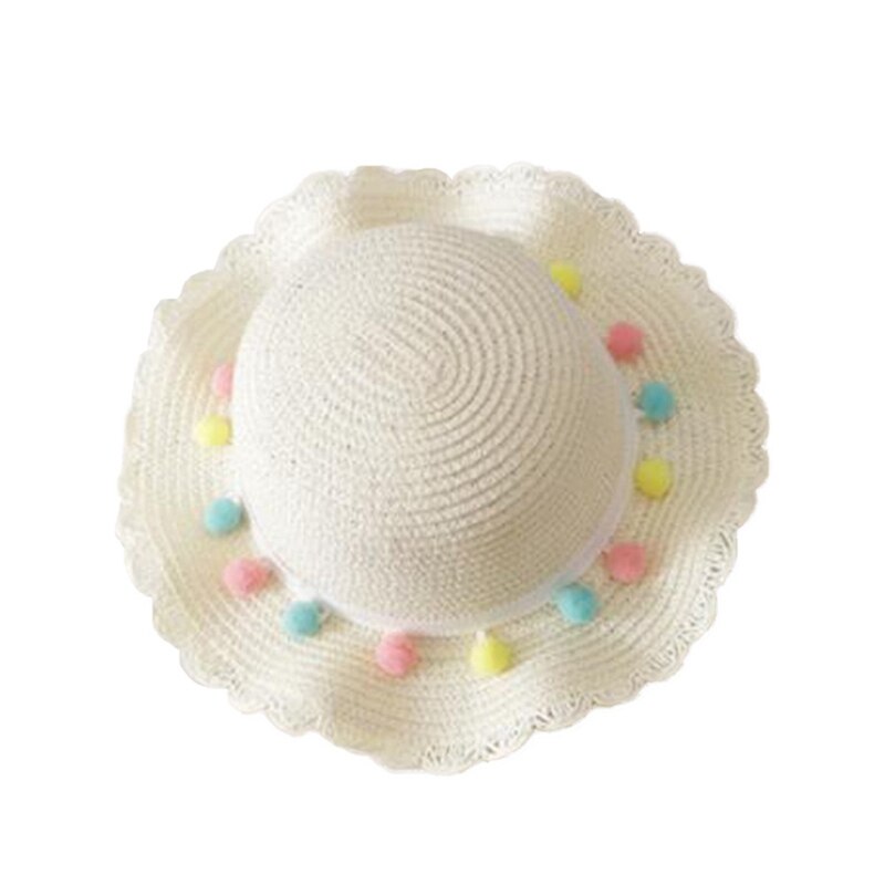 Gorro de paja tejida con ala ancha para niños y niñas, gorro de playa con pompón colorido, cubo flexible, bolso portátil: BB7314WT1