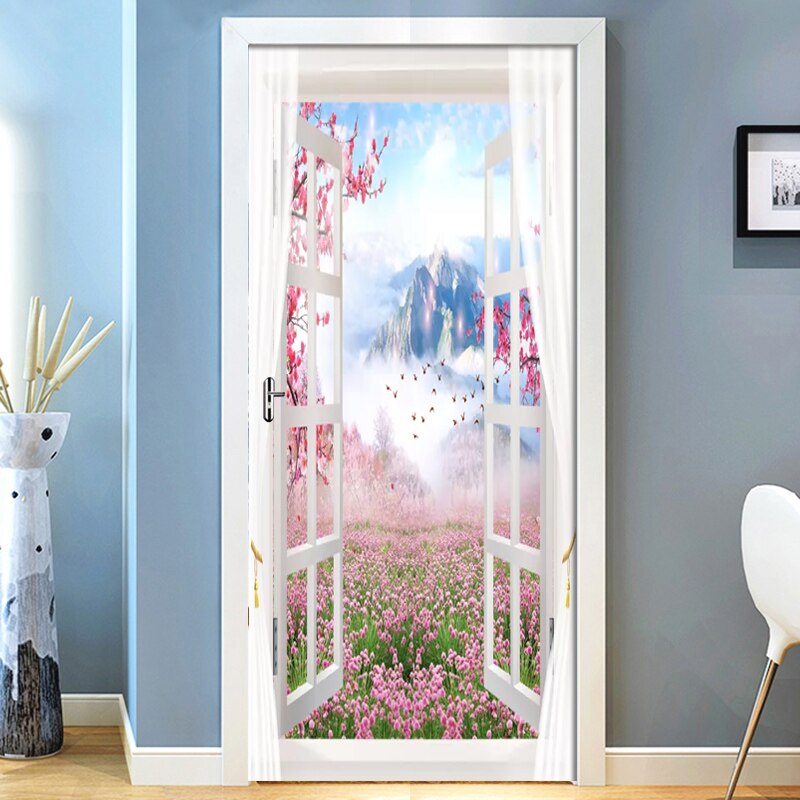 3D Wall Door Sticker Scenery Outside Window Wallpaper Living Room Bedroom Home Decor Paste PVC Self-Adhesive Waterproof 3D Mural