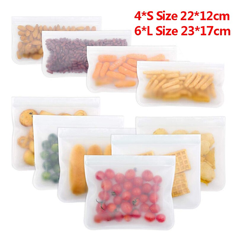 10Pcs Peva Silicone Voedsel Opbergtas Herbruikbare Vriezer Tas Lekvrij Top Zip Lock Tassen Keuken Organizer Vers Houden tas: 10pcs