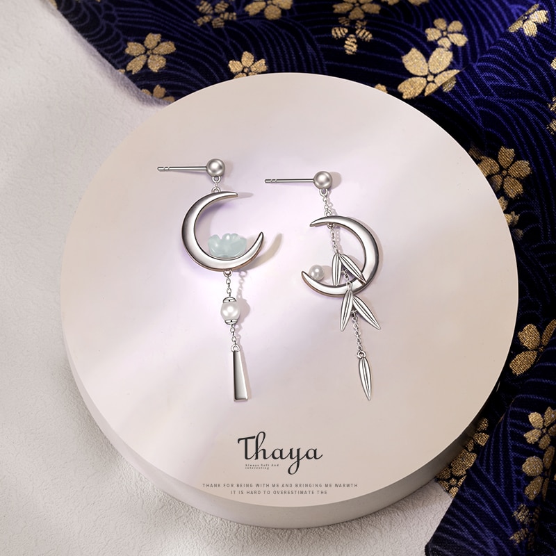 Thaya autentiske 925 sterling sølv øreringe dingle halvmåne ørering bambus blade japansk stil til kvinder ørering fine smykker
