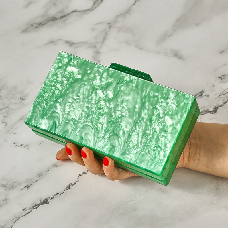 Cartera de noche para mujer y niña, bolso con broche acrílico de 18x10 cm, color verde perla, blanco, azul y negro sólido, con espejo en el interior de la Caja: pearl green