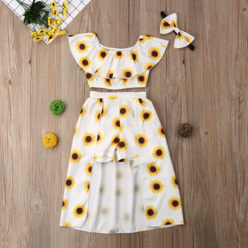 Citgeett Summer Girls 3PCs Outfits Set Sunflower Headband Collar Skitts Tops Pants Newborn Infant Clothes Skirt Set