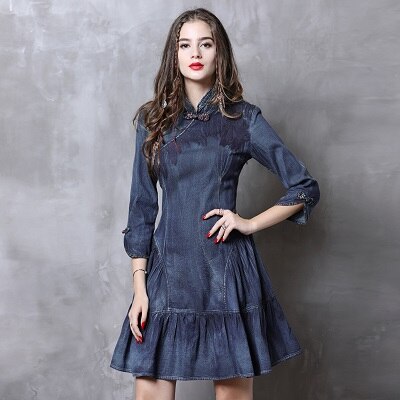 Kjole kvinder yuzi.may boho efterår denim kvinder kjoler a-line mandarin krave vintage vestidos  a82111 vestido: S