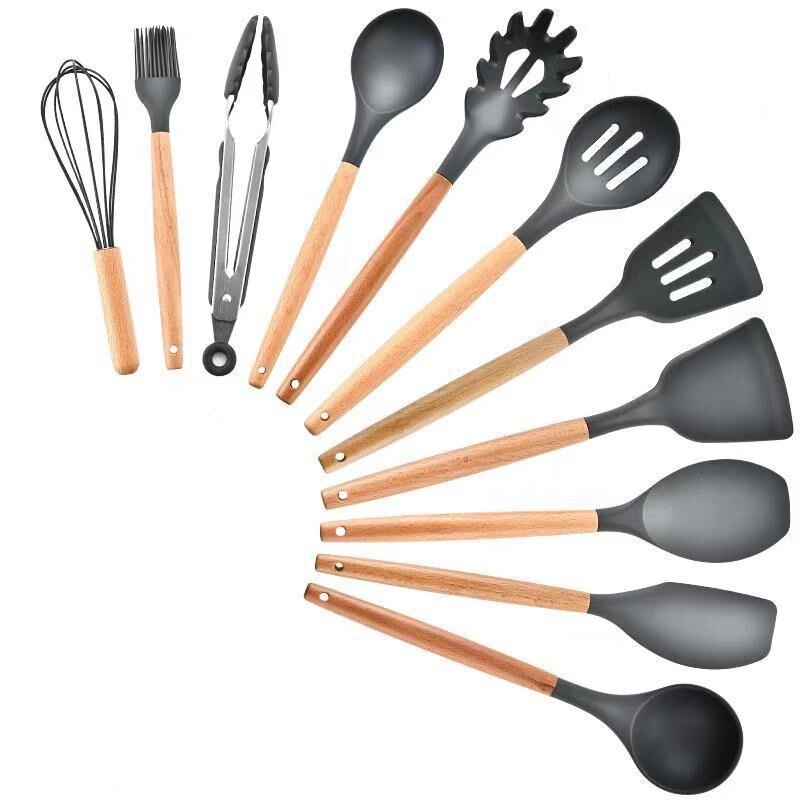 9/11/12 st silikonset matlagningsredskap set non-stick spatel spade trähandtag matlagningsredskap set med köksredskap förvaringslåda: Mörkgrå -11 st