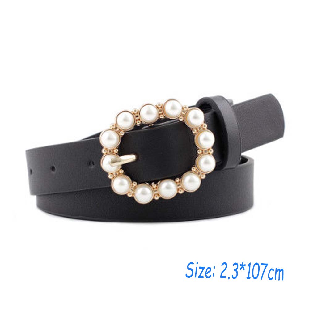 1pc Frauen Perlen Perlen O-Ring Schnalle Gürtel PU Taille Gürtel Für Dame Kleid Kleidung Zubehör Schwarz Leder luxus Bund: B