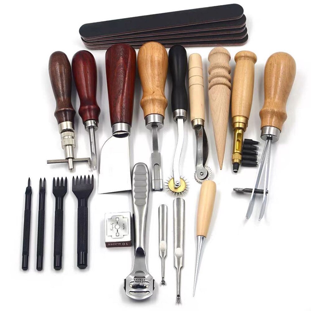 Läderverktyg leathercraft herramientas para cuero kit handsömnad sömmar stansning carving arbete sadeltillbehör 18 st: Default Title