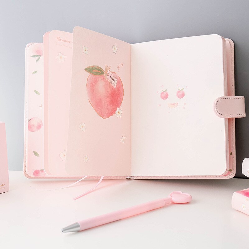 Cute Peach Diary Planner for Girl Student Kawaii Small Fresh Color Page PU Magnetic Agenda Journals Notebooks Stationery