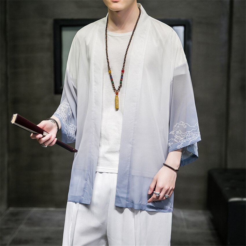 2022 Hanfu Men Ice Silk Cardigan Shirt Men Chinese Style Open Stitch Outwear Man Robe Trench Sun Protection Tops