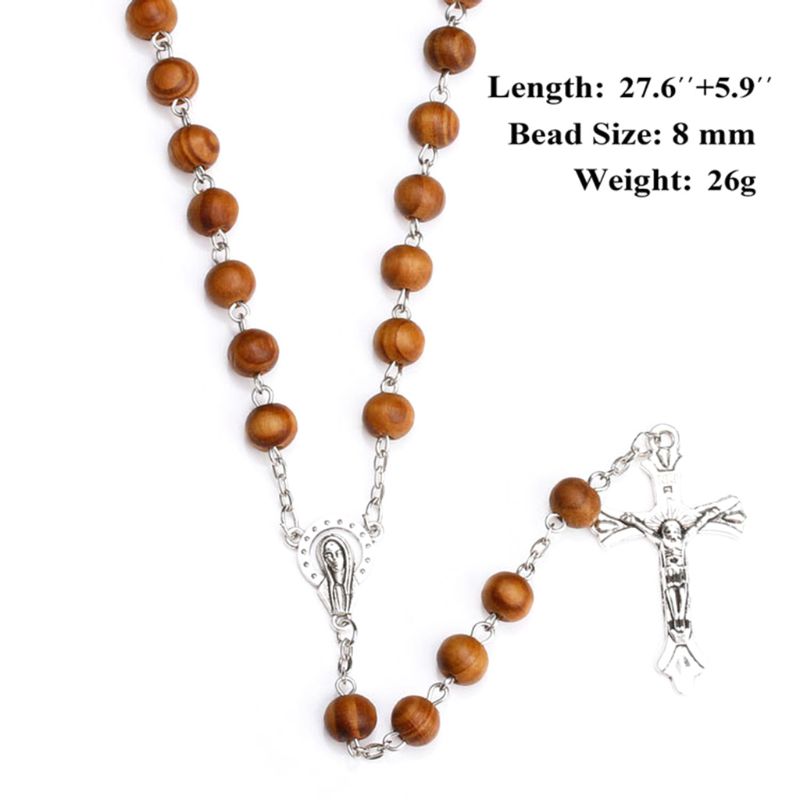 Handmade Round Bead Catholic Rosary Cross Religious Wood Beads Necklace